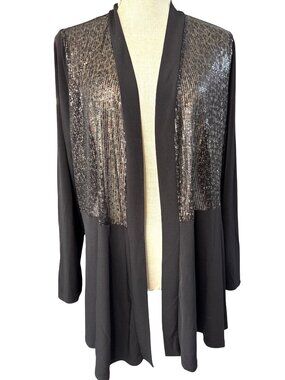 Susan Graver Black Open Front Cardigan W/Sequin Embellished Panels Size L